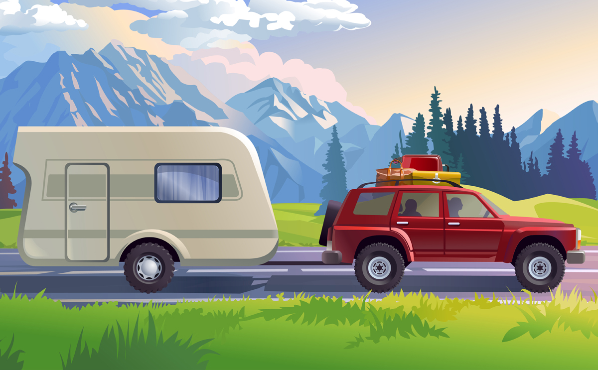 Vector illustration of a mountain landscape with coniferous forest and the car in the foreground